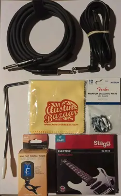 ELECTRIC GUITAR ACCESSORIES LOT- CABLES, PICKS, CLOTH, TUNER, NICKEL LITE, ALLEN