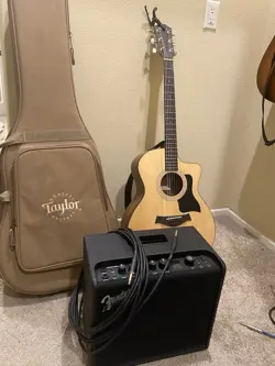 TAYLOR 114CE ACOUSTIC-ELECTRIC GUITAR, TAYLOR GIG BAG & FENDER AMP MUSTANG LT25