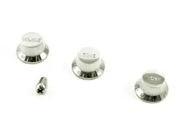 CHROME KNOBS AND TIP SET FITS FENDER STRAT AND CHARVEL GUITARS 1 VOL 2 TONE