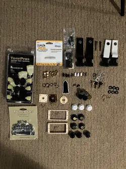 HUGE GUITAR PARTS LOT TONEPROS TUNERS GIBSON BRIDGE KNOBS FENDER READ