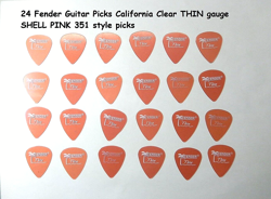 24 FENDER GUITAR PICKS CALIFORNIA CLEAR THIN GAUGE SHELL PINK 351 TYPE