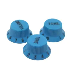 BLUE STRAT VOLUME TONE KNOB SET BLUE 3 KNOBS FOR FENDER OR IBANEZ GUITARS