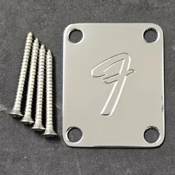 FENDER CHROME F LOGO NECK PLATE & SCREWS FOR STRAT / TELE ELECTRIC GUITAR