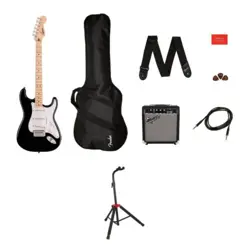 SQUIER BY FENDER ELECTRIC GUITAR KIT BLACK W/ FENDER GUITAR STAND STURDY BUNDLE