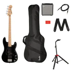 SQUIER BY FENDER PRECISION BASS GUITAR, AFFINITY, BLACK W/ GUITAR STAND KIT