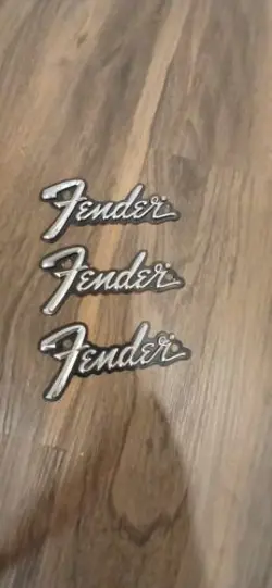 3 VINTAGE FENDER GUITAR AMPLIFIER, AMP EMBLEM, EMBLEMS, BADGE, BADGES