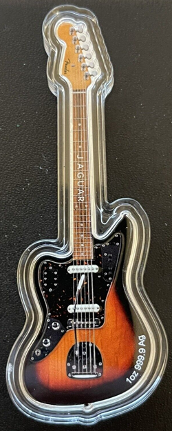 2024 1 OZ .9999 SILVER SOLOMON ISLANDS FENDER JAGUAR GUITAR SHAPED COIN PAMP