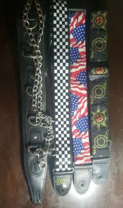 4 GUITAR STRAP LOT VINTAGE LEVY'S GENUINE  LEATHER - CHECKERED, USA FLAG, CHAINS