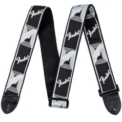 FENDER MONOGRAMMED GUITAR STRAP WITH LEATHER ENDS, BLACK/LIGHT GREY/DARK GREY