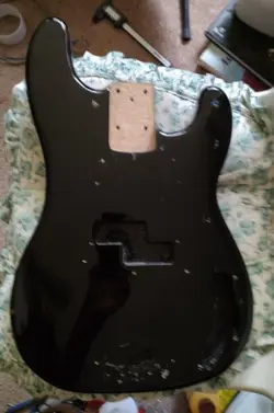 VINTAGE 1973 FENDER PRECISION BASS BODY - BLACK REFINISH/ ORIGINAL NECKPLATE