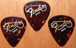 3 VINTAGE FENDER GUITAR PICKS - MEDIUM HEADSTOCK LOGO - TORTOISE CELLULOID