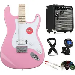SQUIER SONIC STRATOCASTER HT ELECTRIC GUITAR AND FENDER AMP BUNDLE - FLASH PINK