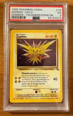 1999 Pokemon Fossil Holo Zapdos Cosmos-Thunderstorm Deck #15 PSA 3 - Image 1