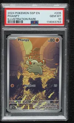 Phanpy Illustration Rare Pokemon SV08: Surging Sparks PSA 10 GEM MT - Image 1