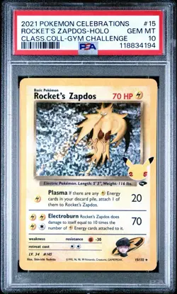 2021 POKEMON CELEBRATIONS #15 ROCKET'S ZAPDOS-HOLO GEM MT CLASS.COLL-GYM CHALL - Image 1