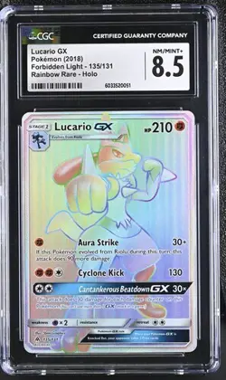 CGC 8.5 LUCARIO GX 135 FORBIDDEN LIGHT SECRET RAINBOW RARE SUN & MOON POKEMON - Image 1