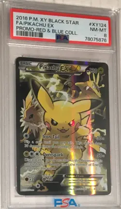 2016 Pokemon XY Black Star Promo Red & Blue PSA 8 Pikachu EX FULL ART Holo XY124 - Image 1