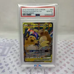 2019 Pokemon Sun & Moon Raichu & Alolan Raichu GX 54/236 Unified Minds PSA 10 - Image 1