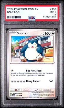 2024 POKEMON TWM EN-TWILIGHT MASQUERADE 136 SNORLAX PSA MINT 9 - Image 1