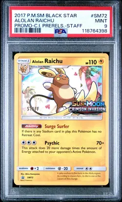 2017 POKEMON SM BLACK STAR PROMO #SM72 ALOLAN RAICHU PSA 9 - Image 1
