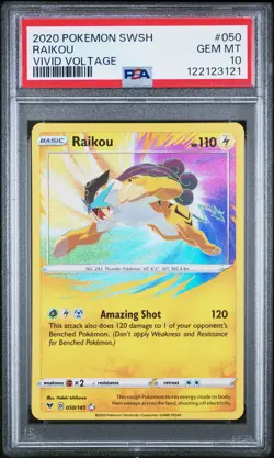 2020 POKEMON SWORD & SHIELD VIVID VOLTAGE #050 RAIKOU PSA 10 - Image 1