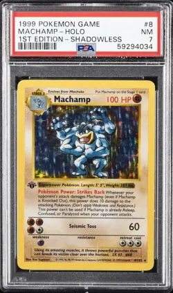 1999 POKEMON GAME 1ST ED-SHADOWLESS #8 MACHAMP-HOLO PSA 7 - Image 1