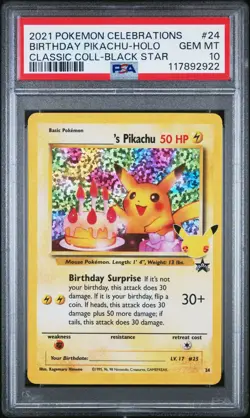 PSA 10 GEM MINT Birthday Pikachu 24 Pokemon Celebrations Classic Collection - Image 1