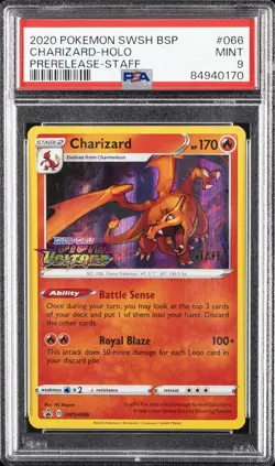 2020 POKEMON SWSH BLACK STAR PROMO PRERELEASE-STAFF #066 CHARIZARD-HOLO PSA 9 - Image 1