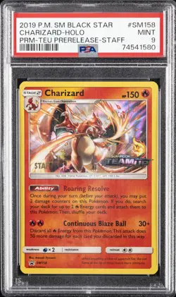 2019 POKEMON SM BLACK STAR PROMO TEAM UP PRERELEASE-STAFF CHARIZARD-HOLO PSA 9 - Image 1
