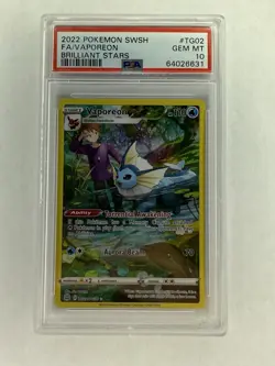 2022 PokÃ©mon SWSH Brilliant Stars Vaporeon PSA GEM MT 10 Card #TG02 - Image 1