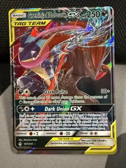 Pokemon Unbroken Bonds Greninja & Zoroark GX Holo Card 107/214 Ultra Rare SM NM - Image 1