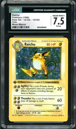 CGC 7.5 Raichu 1st Edition Base Set 14/102 MISCUT Error Holo Rare Pokemon Card - Image 1