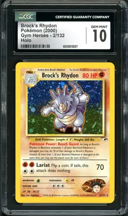 CGC 10 GEM MINT Brock’s Rhydon Gym Heroes 2/132 Holo Rare Pokemon Card psa - Image 1