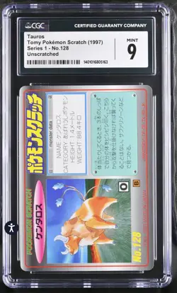 CGC 9 - 1997 TOMY POKEMON SCRATCH CARDS UNSCRATCHED #128 TAUROS Low Pop - Image 1
