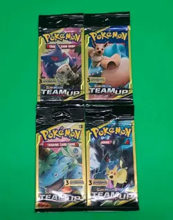 Pokemon Sun & Moon Team Up 3 Card Booster Packs Complete Art Set of 4 Packs - Image 1
