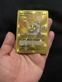 Mewtwo & Mew GX Rainbow Gold Metal Spanish Hp270 Card Fan Art NM - Image 1