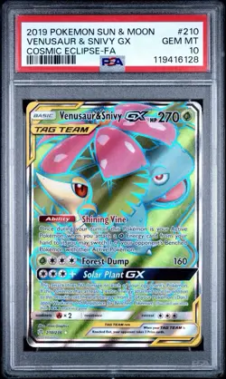 2019 POKEMON SUN & MOON COSMIC ECLIPSE #210 FULL ART/VENUSAUR & SNIVY GX PSA 10 - Image 1