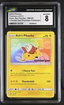 CGC 8 ASH'S PIKACHU SM108 BLACK STAR PROMO I CHOOSE YOU POKEMON NM/ MINT - Image 1
