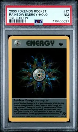 Pokemon: Team Rocket 1st Edition Rare Holo: Rainbow Energy 17/82 PSA 7 WOTC - Image 1