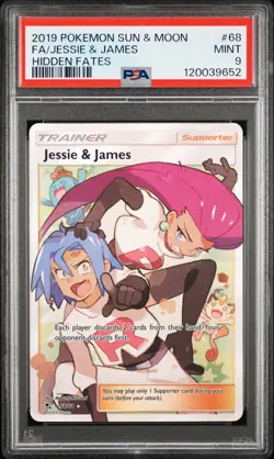 2019 POKEMON SUN & MOON HIDDEN FATES #68 FULL ART/JESSIE & JAMES PSA 9 - Image 1