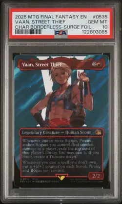 2025 MTG FINAL FANTASY CHARACTER BORDERLESS-SURGE FOIL VAAN, STREET THIEF PSA 10 - Image 1