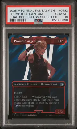 2025 MTG FINAL FANTASY CHARACTER BORDERLESS-SURGE FOIL PROMPTO ARGENTUM PSA 10 - Image 1