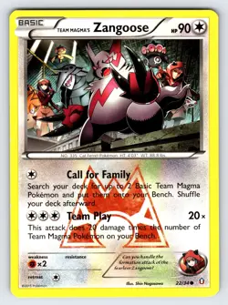 Team Magma's Zangoose 22/34 2015 Double Crisis Pokemon Card TCG Nintendo Nm/Vlp - Image 1