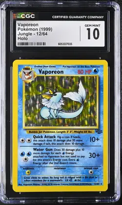 CGC 10 GEM MINT Vaporeon 1999 Jungle Set 12/64 Holo Pokemon Card psa - Image 1