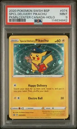 PSA 9 SPECIAL DELIVERY PIKACHU  074 HOLO SWIRL POKEMON CENTER CANADA MINT BMP - Image 1