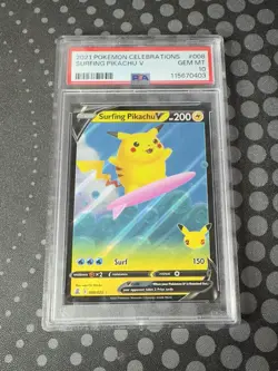 2021 Pokemon SWSH Celebrations Surfing Pikachu V #008/025 PSA 10 - Image 1
