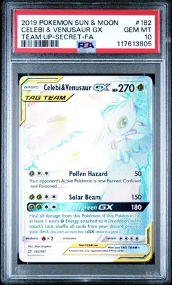 Pokemon SM Team Up Celebi & Venusaur GX 182/181 Full Art Secret Holo PSA 10 - Image 1