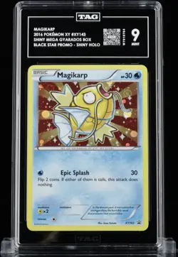 TAG 9 MINT Magikarp Pokemon 2016 Shiny Black Star Promo XY143 Rare Swirl PrintðŸŒ€ - Image 1