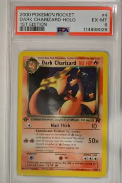 PSA 6 DARK CHARIZARD 4/82 1st Edition Team Rocket Pokemon Card with HOLO Swirl - Image 1