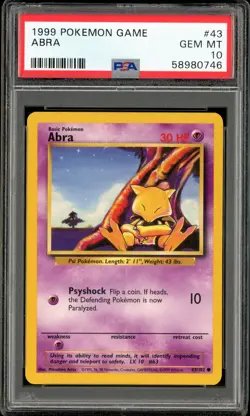 1999 POKEMON BASE SET #43 ABRA PSA 10 GEM MINT - Image 1